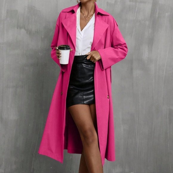 Double Breasted Belted Trench Coat Hot Pink - Picture 5 of 5
